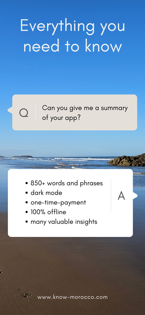 Know Morocco Travel Phrases - モロッコ旅行アプリの機能リスト。850フレーズのオフラインアクセスと買い切り型支払い。背景はビーチ。