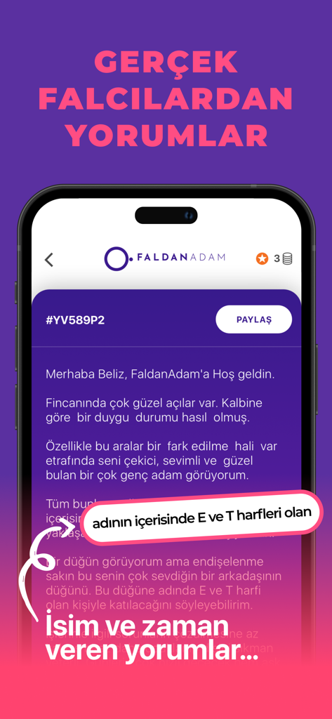 Resultado de leitura de sorte no café personalizada exibido na tela de um smartphone com a interface do aplicativo FaldanAdam.