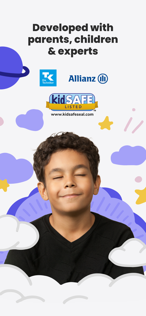 Aumio: Sleep Sounds & Stories - A peaceful boy meditating with trust logos and KidSAFE certification