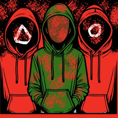 3 faceless people in  hoodies