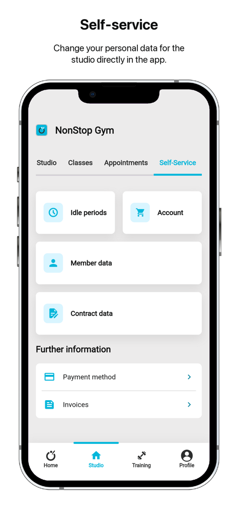 NonStop Gym - Una schermata mobile dall'app NonStop Gym che mostra opzioni di self-service come dettagli del contratto e fatture dei dati dei membri
