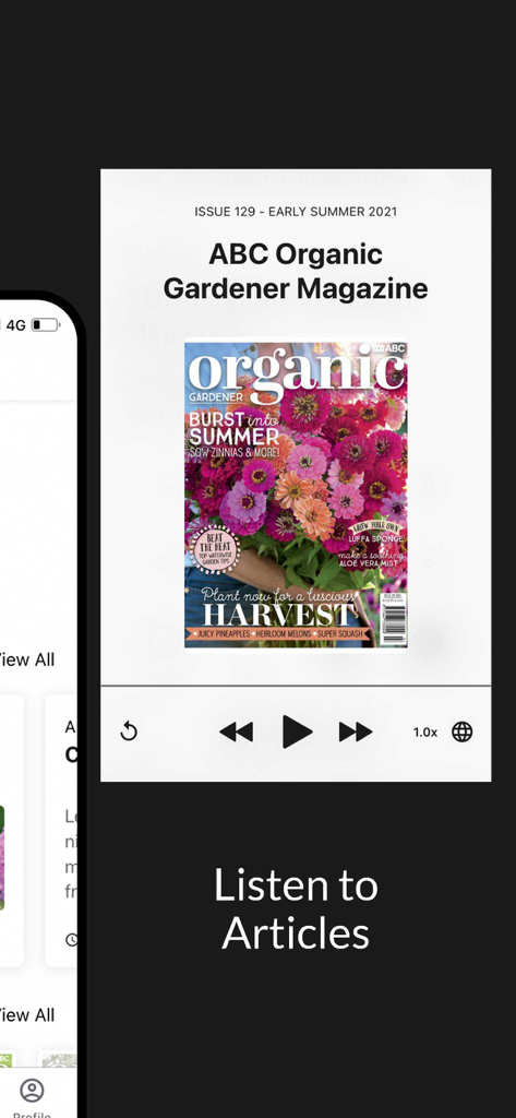 Organic Gardener Magazine - Interface of the Organic Gardener Magazine app showing the Listen to Articles audio playback feature