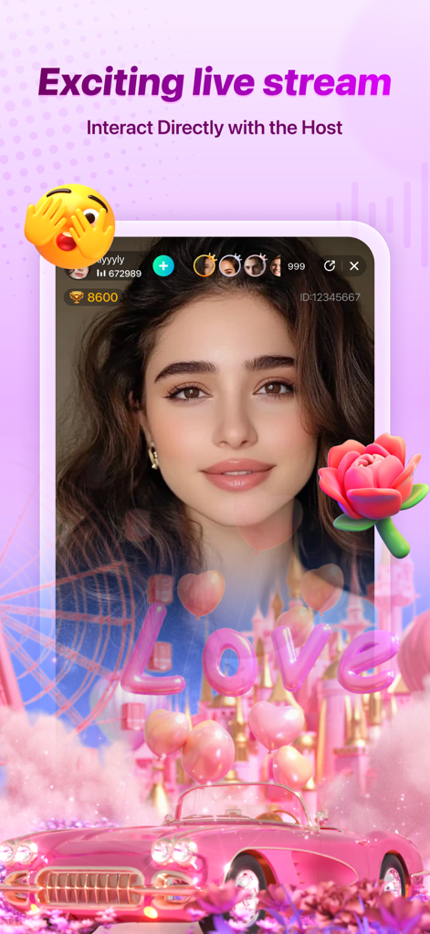 Tada - Group Voice Chat Rooms - Interface of Tada app showing a live stream with a host and virtual gifts like a pink car and hearts.