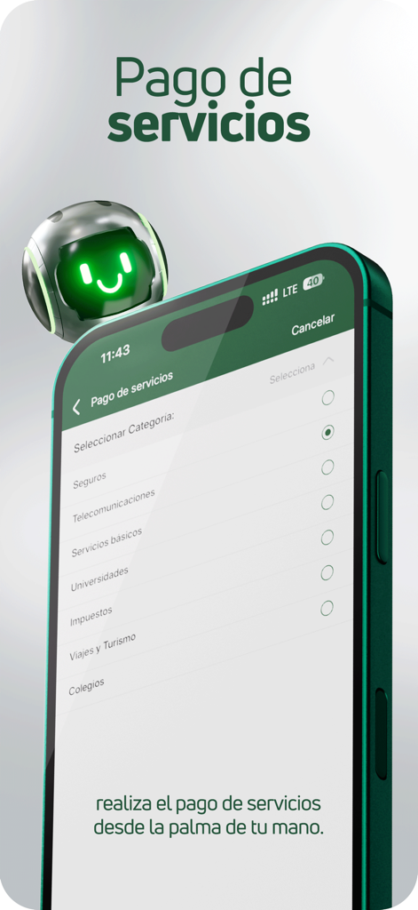 BMSC Movil app screen showing bill payment categories for utilities and schools