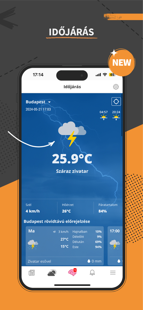 Index.hu - Interfaccia dell'app Index.hu che mostra una previsione del tempo per Budapest con una temperatura di 25,9 gradi Celsius e icone di temporale.