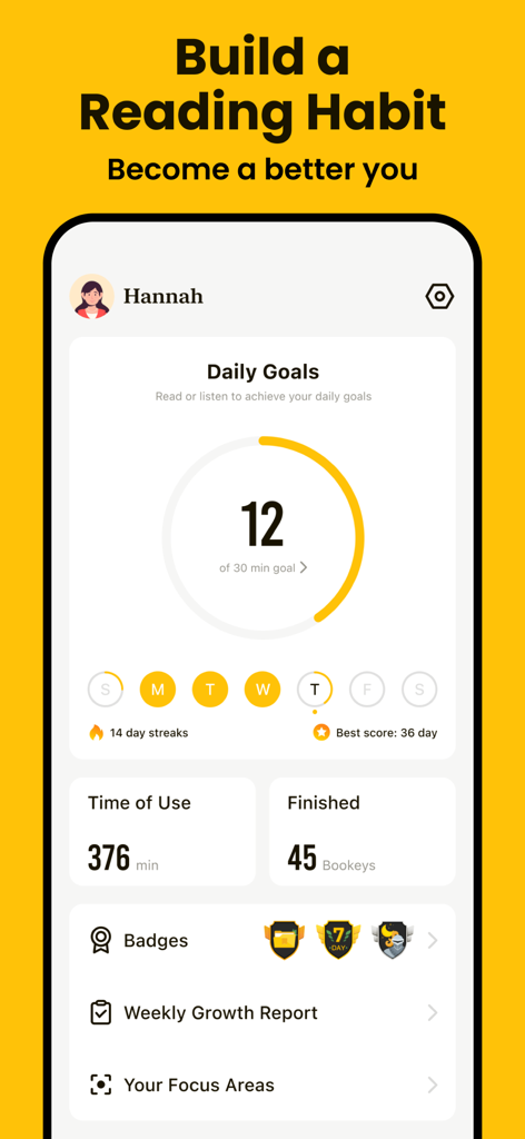 Bookey: Book Ideas for Growth - Bookey app screen showing daily reading goals and habit tracking progress.