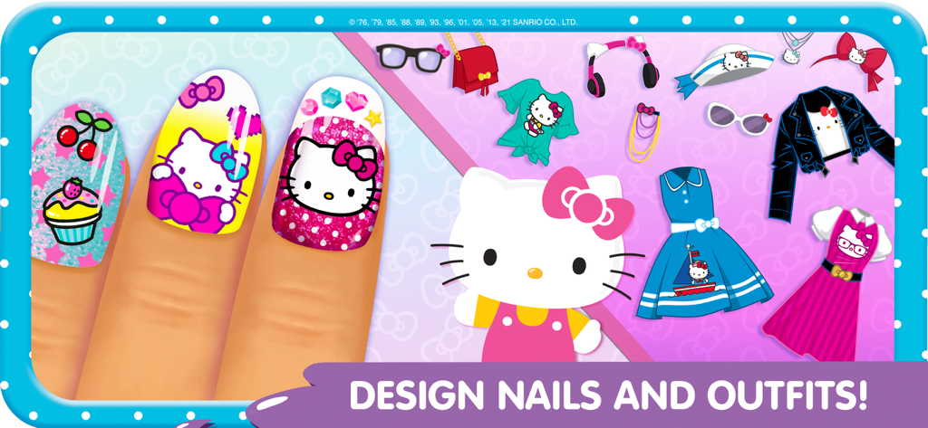 Hello Kitty Nail Salon app screen showing custom nail art designs and fashion outfits