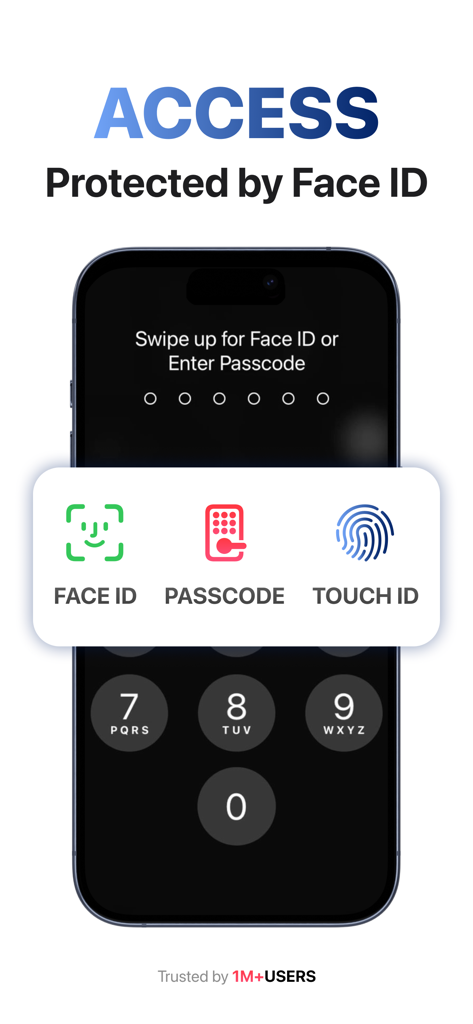 Secret Photo Vault: Safe Files - 安全な写真保管庫アプリのFace ID、パスコード、Touch IDオプションを表示するスマートフォンのディスプレイ