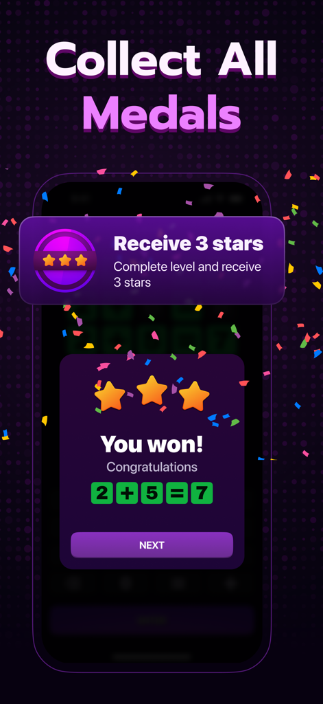 SolveMate: Math Puzzle Game - SolveMate数学パズルゲーム画面。レベル完了、3つの星、解かれた方程式が表示されています。