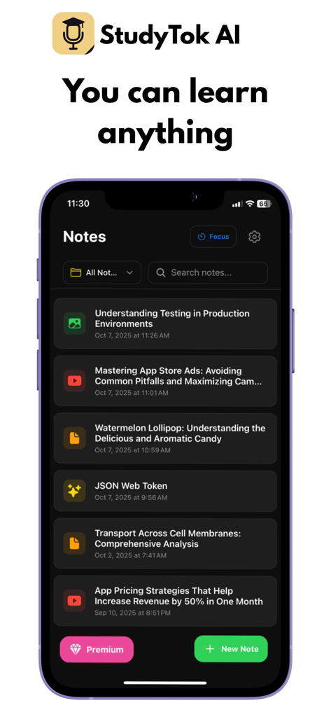 Tableau de bord de l'application StudyTok AI montrant une liste de notes d'étude organisées avec diverses icônes de source.