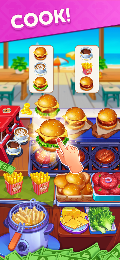 Gameplay screen of Cooking Cash showing a player preparing hamburgers and coffee in a beachside kitchen.