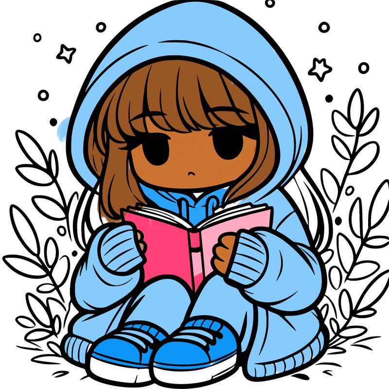girl in oversized hoodie reading a book