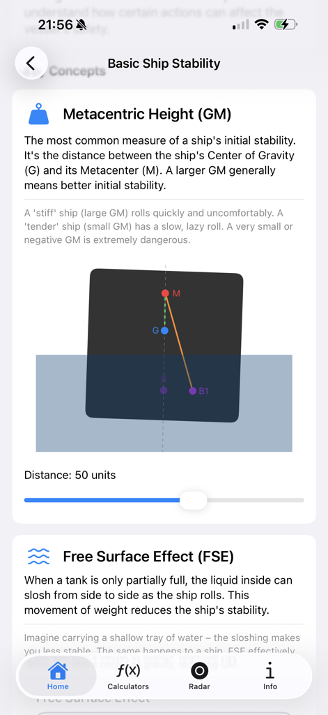 Educational module in the Maritime Master OOW app explaining ship stability and metacentric height with diagrams