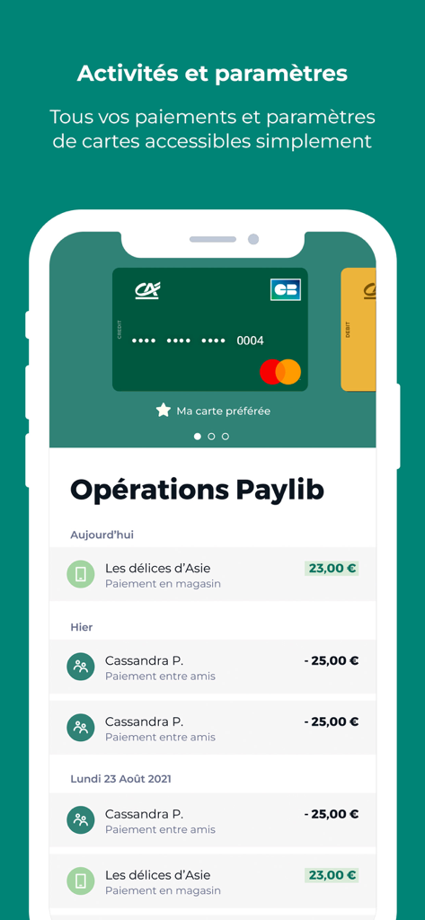 Interfaz de la aplicación Paiement mobile CA que muestra el historial de transacciones y la configuración de la tarjeta
