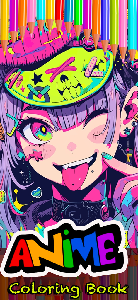 Coloring Book for Horror Anime - Ilustración digital vibrante de una chica de anime con temática de terror en una aplicación de libro para colorear