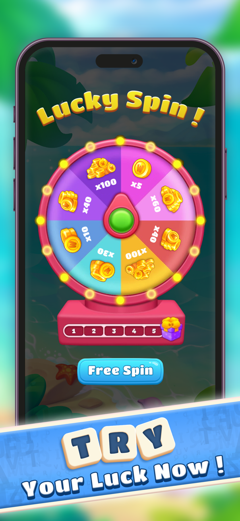 Une roue de spin chanceuse colorée dans le jeu mobile Wordplay montrant diverses récompenses en pièces