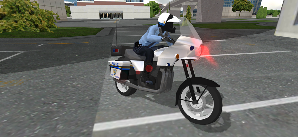 Police Motorbike Simulator 3D - Police officer on a white motorbike with flashing red lights in a 3D city simulator game