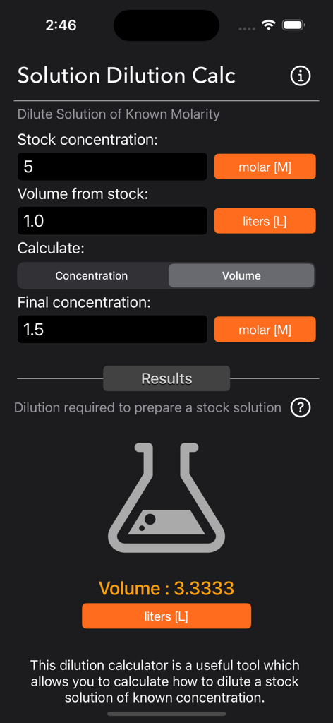 Solution Dilution Calculator - Interface de l'application Calculateur de Dilution de Solutions montrant un calcul de molarité pour une solution de laboratoire
