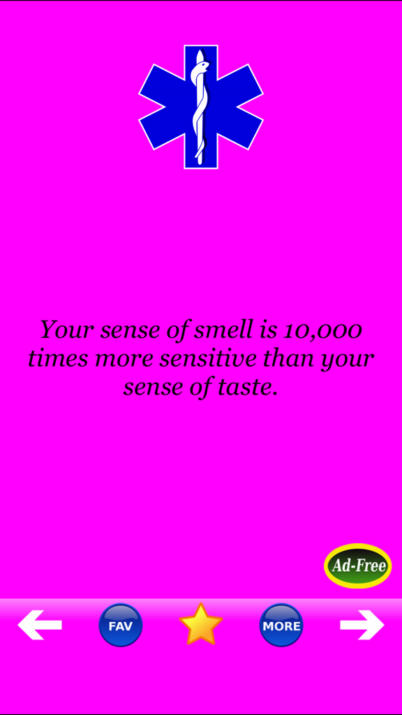 Capture d'écran de l'application Faits médicaux amusants affichant un fait d'anecdote sur la sensibilité de l'odorat par rapport au goût.