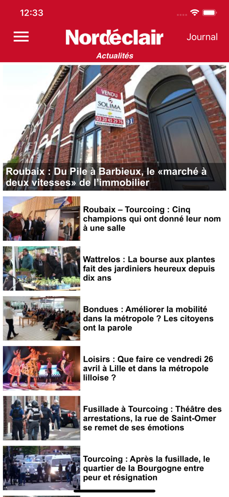 Nord Eclair - Une capture d'écran de l'application mobile Nord Eclair montrant les gros titres de l'actualité locale française des régions de Lille et Roubaix.