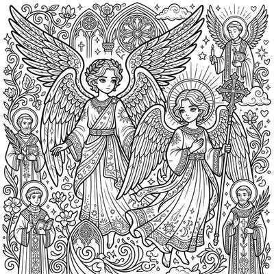 Explore a divine world of intricate details with this Angels and Saints coloring page, specially designed for teens. Immerse yourself in a serene scene filled with celestial beings, revered saints, and stunning Gothic-inspired patterns.