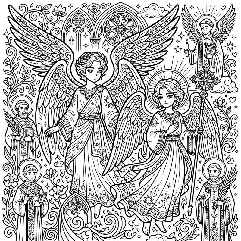 Explore a divine world of intricate details with this Angels and Saints coloring page, specially designed for teens. Immerse yourself in a serene scene filled with celestial beings, revered saints, and stunning Gothic-inspired patterns.