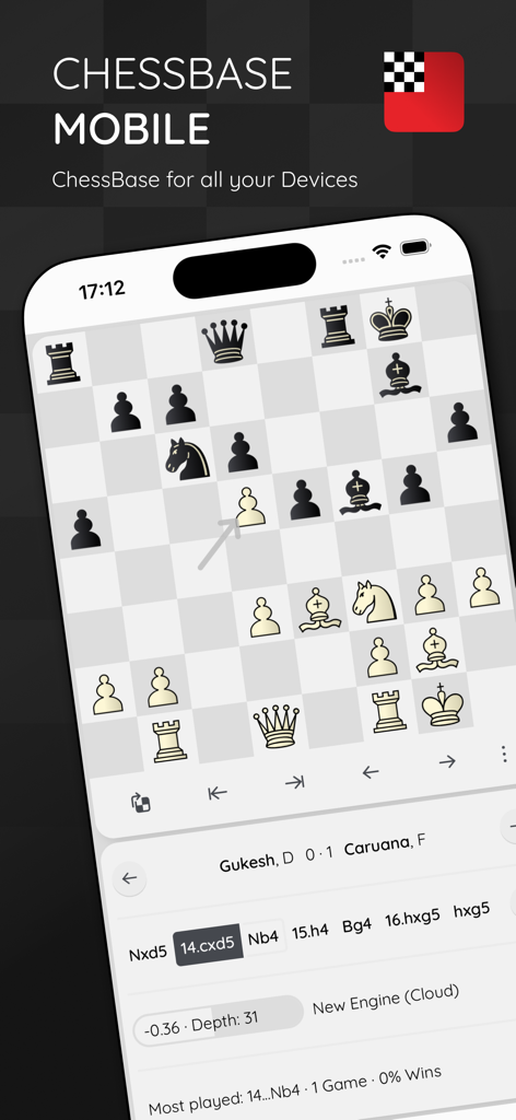 ChessBase Mobile - チェスベースモバイルアプリの画面にプロフェッショナルなチェス盤が表示され、エンジン分析と棋譜履歴が示されている