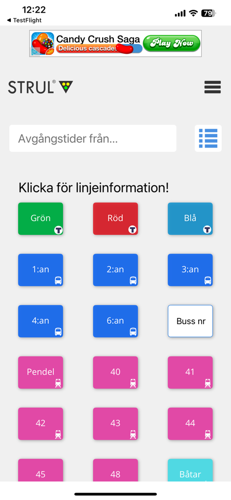 Interface of the Strul app showing colorful shortcut buttons for Stockholm metro bus and train lines