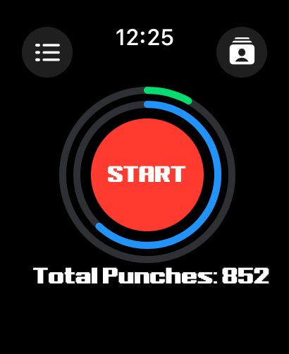 Apple Watch interface for Punch Logger app showing a large red start button and a total punch count of 852