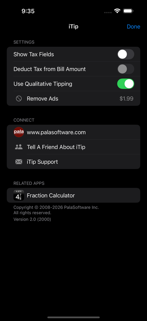 iTip Calc by PalaSoftware - iTip Calcアプリの設定メニュー。税金フィールドと定性的なチップ設定のオプションが表示されています。