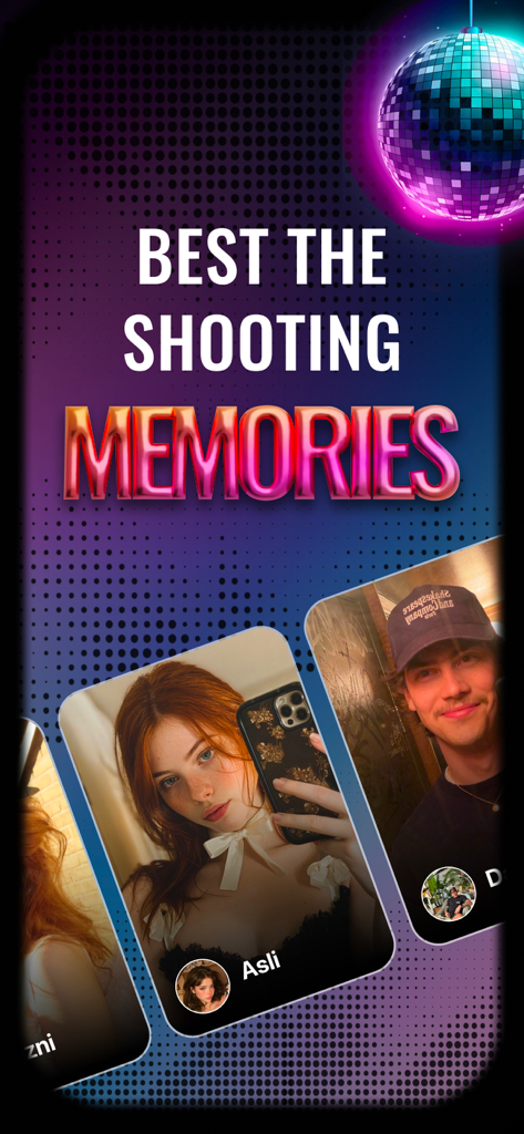 Flashly - Show us - Flashly app interface featuring user profiles and the text Best The Shooting Memories