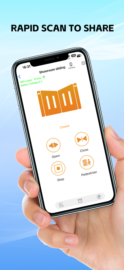 Smartphone screen showing the XHouse IOT app with remote open and close controls for an automated sliding gate.