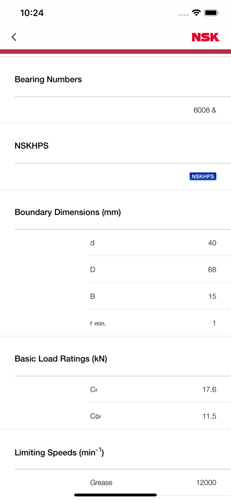 Technical specifications for an NSK bearing showing boundary dimensions and load ratings