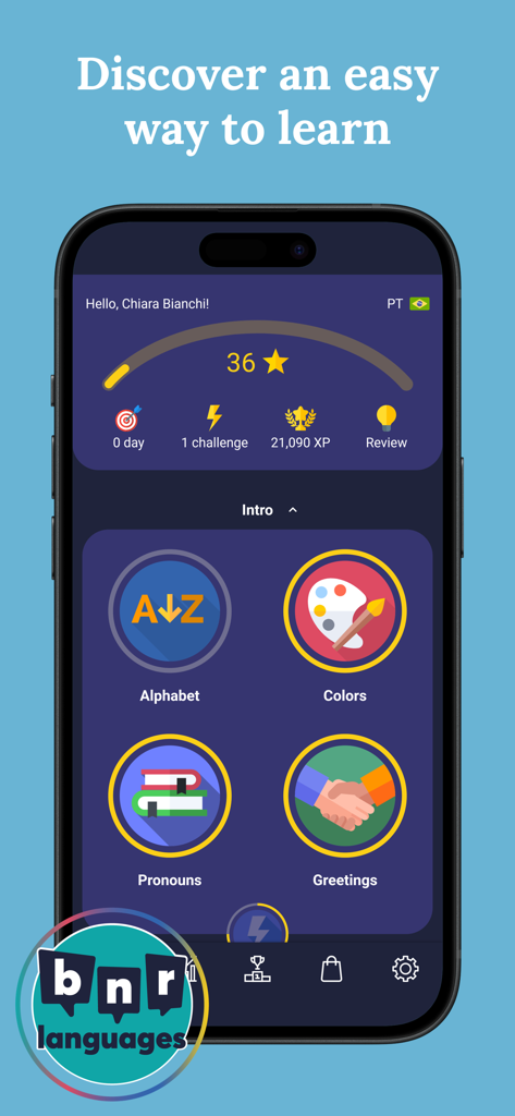 Learn Portuguese (Beginners) - Smartphone screen of Learn Portuguese app displaying beginner lesson categories including Alphabet Colors and Greetings