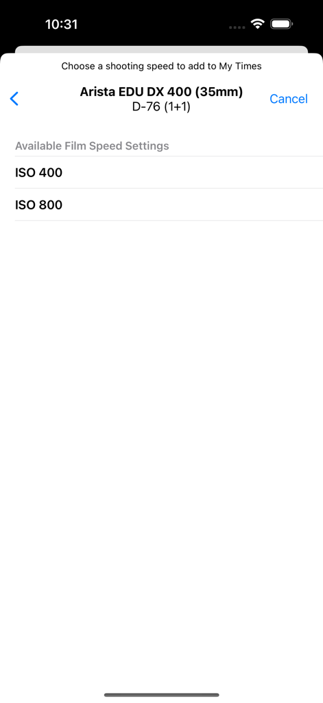 Massive Dev Chart Timer - Selection screen for film speed settings in the Massive Dev Chart Timer app