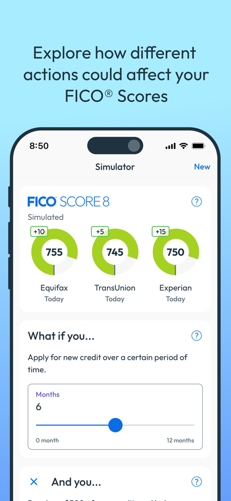 myFICO - FICO Score Monitoring - myFICO app screenshot showing the FICO Score Simulator interface for Equifax TransUnion and Experian bureaus