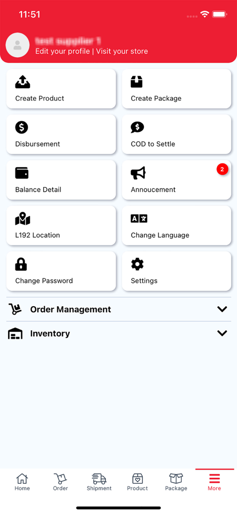 L192 Delivery and Business - L192 Delivery and Business app dashboard showing various management tools like Create Product and Balance Detail