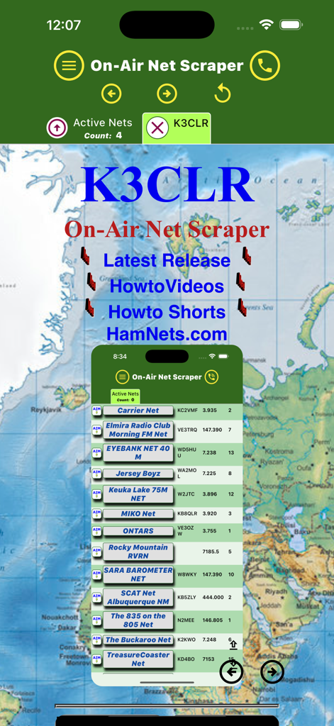 On-Air Net Scraper - On-Air Net Scraper app home screen with a list of active amateur radio nets over a map background