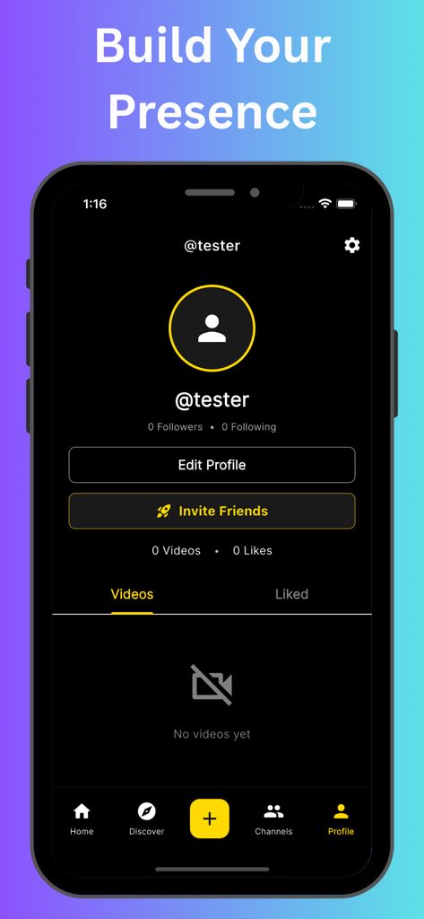 Vyro social networking app user profile screen with build your presence headline