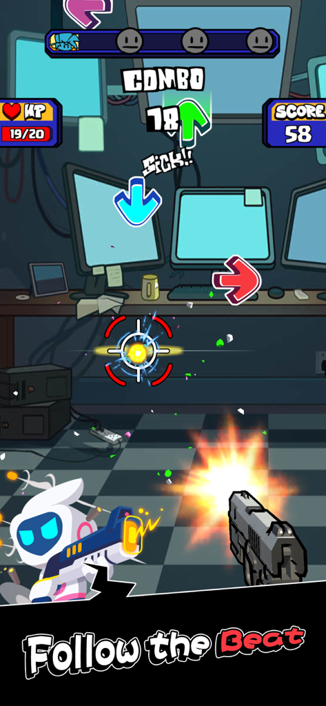 Beat Gun - A screenshot of Beat Gun gameplay showing a gun firing at falling music arrows with the slogan Follow the Beat.