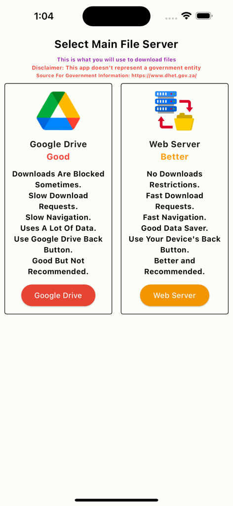 Grade 8 Exam Papers - Server selection screen showing options for downloading exam papers via Google Drive or a Web Server.