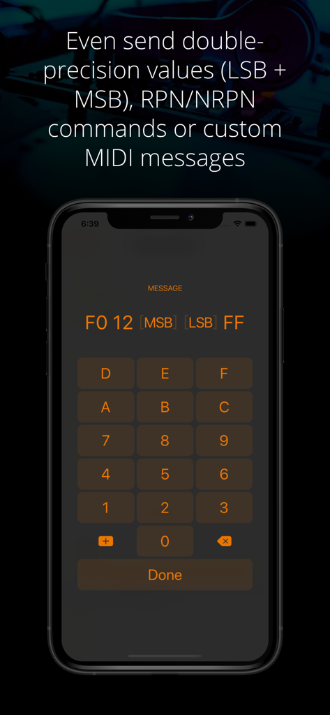 Interfaccia dell'app Midiflow Motion per l'inserimento di messaggi MIDI personalizzati e valori a doppia precisione utilizzando un tastierino esadecimale