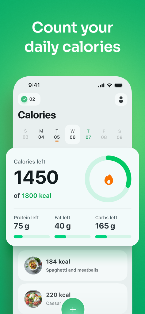 AI Calorie Tracker ・ Counter - Interfaz de la aplicación de seguimiento de calorías diario que muestra las calorías y los macronutrientes restantes