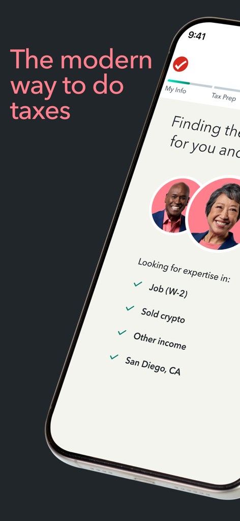 TurboTax: File Your Tax Return - Aplicação móvel TurboTax mostrando perfis de especialistas fiscais e uma lista de verificação de declaração