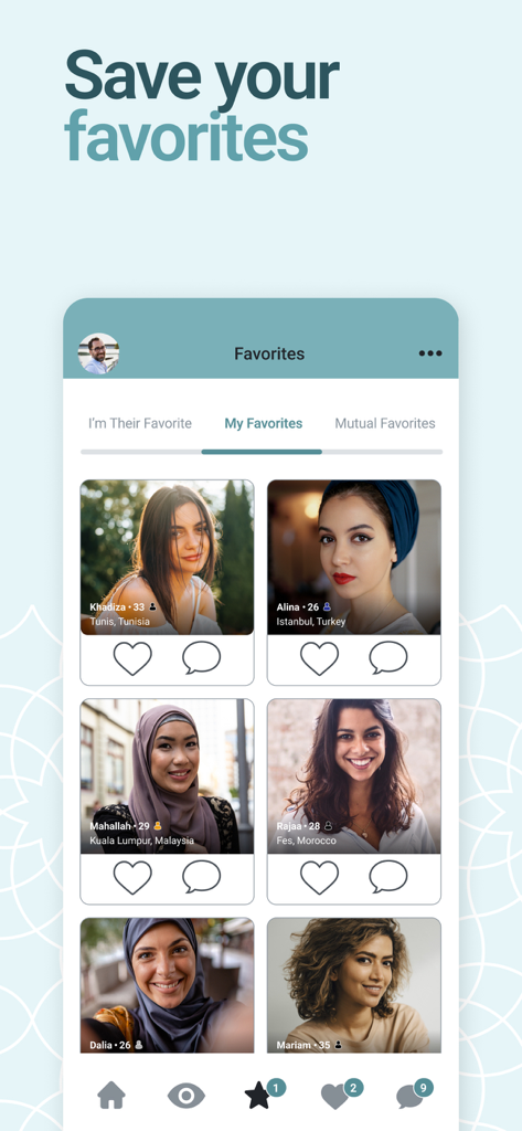 Muslima: Halal Muslim Dating - Favorites screen of the Muslima halal dating app showing profiles of Muslim women.