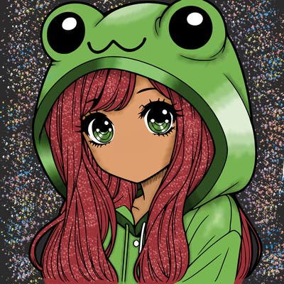 a pretty girl wearing a frog hoodie portrait with long hair