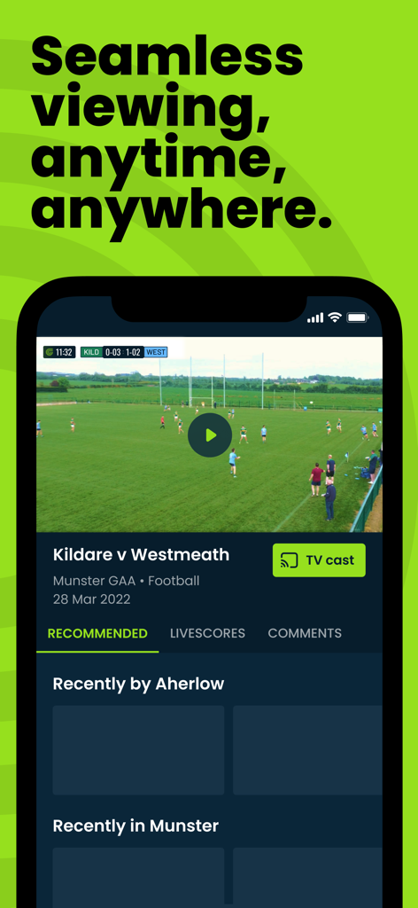Clubber TV - Clubber TV mobile app interface showing a live GAA football game with a TV cast button