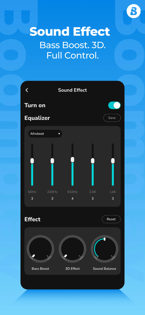 Boomplay app sound effect interface showing an equalizer with Afrobeat preset and bass boost controls