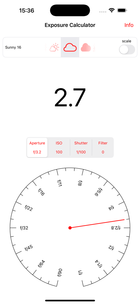Exposure Equivalence - Belichtungsgleichwertigkeits-App-Oberfläche, die den Belichtungsrechner mit einem Blendenrad und Sunny 16-Voreinstellungen zeigt