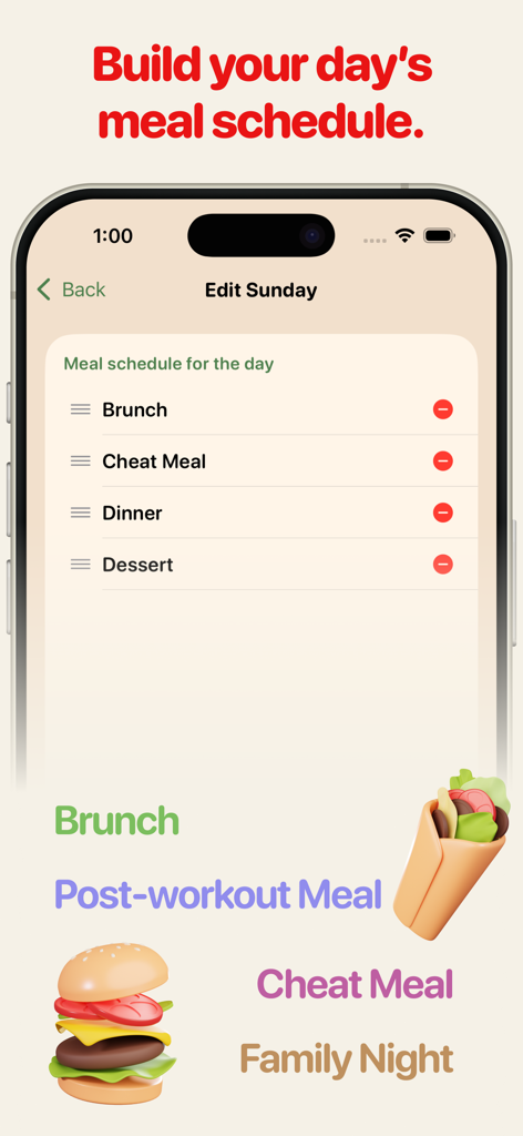 Weekly Meal Planner - Mealy - Ein Screenshot der Mealy App, der den Essensplan-Editor für einen einzelnen Tag mit benutzerdefinierten Mahlzeitenarten wie Brunch und Cheat Meal zeigt.